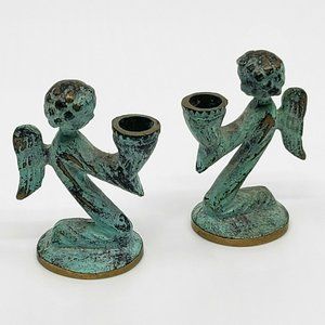 Collectible Vintage German Green Patina Brass Angel Mini Candle Holder Set